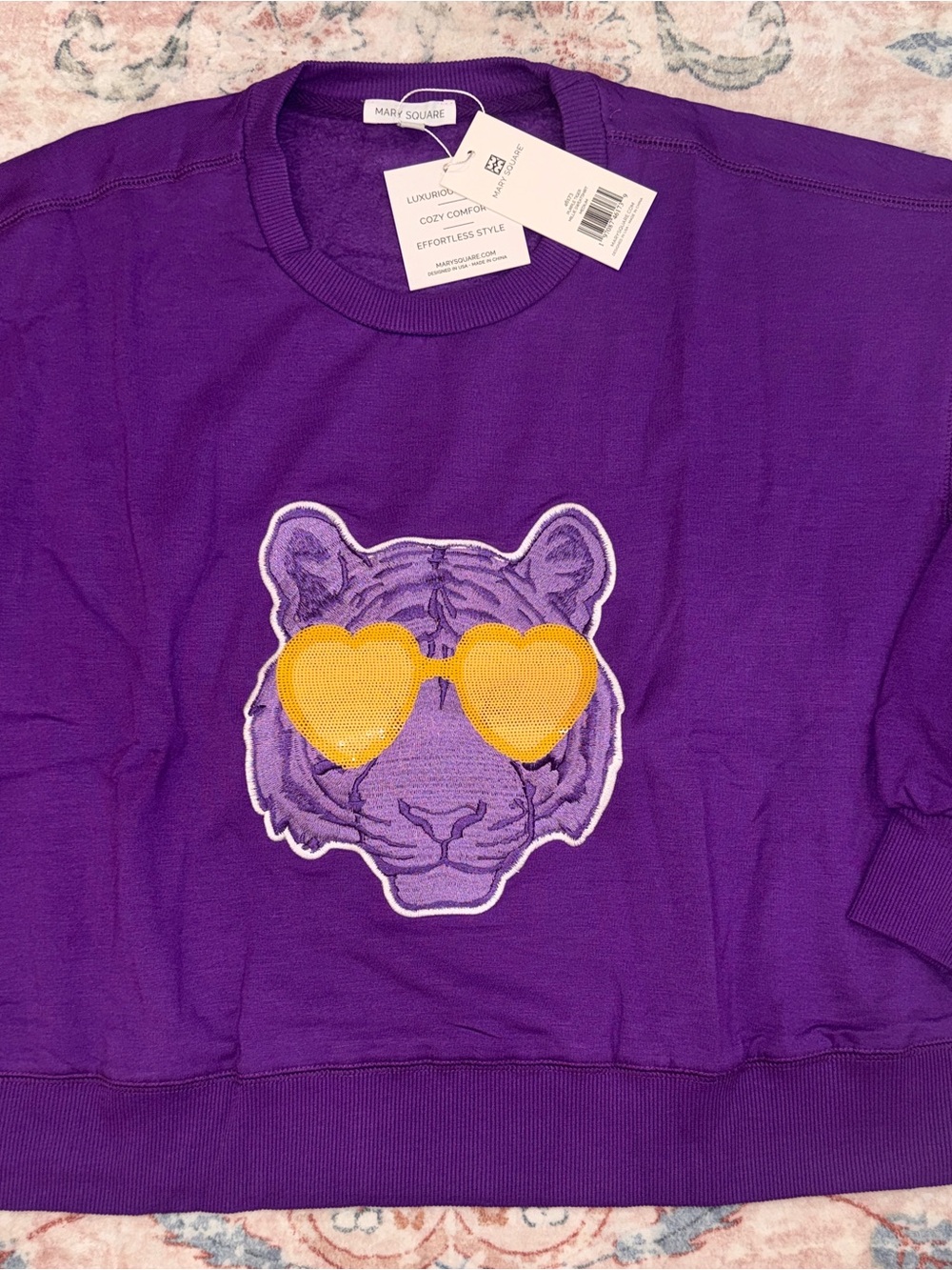 Maine Square Women's Purple Tiger Patch Sweatshirt with Yellow Sunglasses